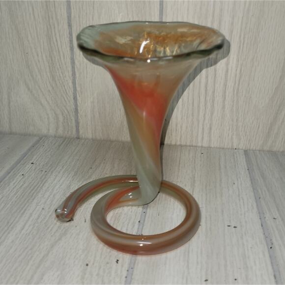 Vtg 70s Elegant Swirl Blown Glass Tulip/Trumpet Vase - Orange Green Art Glass - Picture 2 of 7